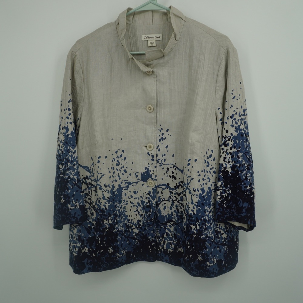 Coldwater Creek Linen Jacket Womens 18 Tan Blue Floral‎ Tree Print Button Front